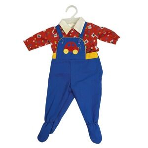 Vintage 80s Kidcore Car Applique Baby Boys Footed Overall Set Red Blue Newborn